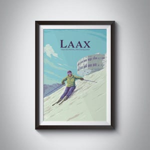 Cartel de la estación de esquí de Laax, Suiza, Flims Laax Falera, Alpes suizos, Grisones, Arte de viaje vintage, Snowboard, Impresión de esquí retro, Galaxia