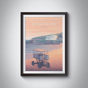 Burgh Island-affisch, resetryck i Devon, Bigbury on Sea-väggkonst, Burgh Island Hotel, art déco-tryck vid havet, sjötraktor, England, inramad