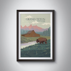Grand Teton National Park Reise Poster, Teton Gebirge, Jackson Hole Wyoming, Yellowstone, Wandern, Klettern, Vintage Wand Kunst Druck