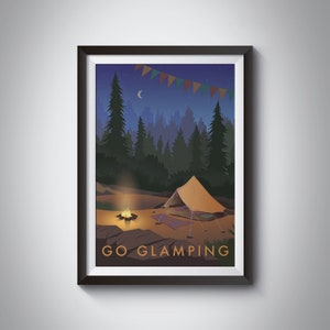 Go Glamping Art Print, Outdoor Adventure, Hiking, Camping, Vintage Travel Poster, Wall Art, Campfire Painting, Tent, Nature, Hen Do, Party