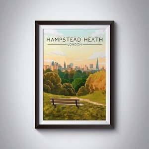 Hampstead Heath Poster, Parliament Hill, London Park Print, Gospel Oak, Highgate, London Skyline, Wall Art, Landmark, Ponds, Hyde Park