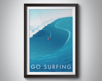 Go Surfing Print, Travel Poster, Outdoor Adventure, Hobbies, Gift for Surfers, Ocean Beach Waves, Wild Swimming, Hiking, Vintage Surf Poster