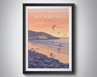 Westward Ho! Travel Poster, Seaside Print, North Devon, Bideford, Barnstaple, Beach, AONB, Coastal Hiking, Vintage Travel Print, Framed Art