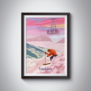 Vaujany Ski Resort Poster, French Alps, France, Vintage Skiing Print, Snowboarding, Isere, Gift Skier, Alpe d'Huez, Oz, Ski Wall Art Decor image 1