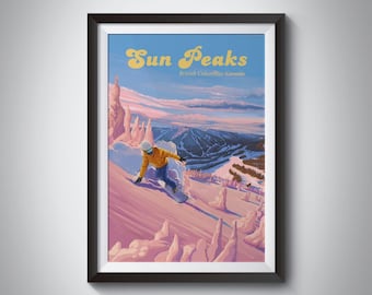 Sun Peaks British Columbia Canada Snowboarding Travel Poster, Ski Resort Print, Vintage Ski Art, National Park, Rocky Mountains, Kamloops BC
