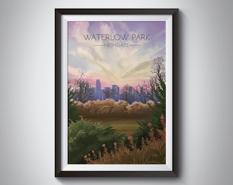 Waterlow Park Poster, Highgate London Travel Poster, London Skyline Wall Art, North London, Highgate Cemetery, Vintage Print, Framed Artwork