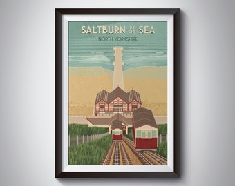 Saltburn by the Sea Travel Poster, Yorkshire Seaside Print, Saltburn Funicular, Whitby, Hartlepool, Retro Wall Art, Railway Print, Gift