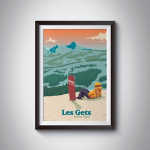 Les Gets Snowboarding Poster, French Alps, Skiing, Retro Travel Print, Ski Season, Morzine, Avoriaz, Vintage, Ski Resort, Mont Chery, France