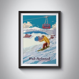 Cartel de viaje de snowboard de Pal Arinsal, Impresión de Andorra, Esquí, Estación de esquí, Pirineos, Vallnord, Ordino Arcalis, Grandvalira, Arte de esquí vintage