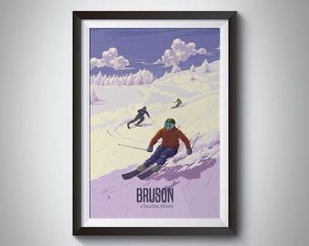 Bruson Switzerland Ski Resort Travel Poster, Swiss Alps Print, Skiing, Snowboard, Verbier, 4 Vallees, Thyon, Tzoumaz, Veysonnaz, Framed Art