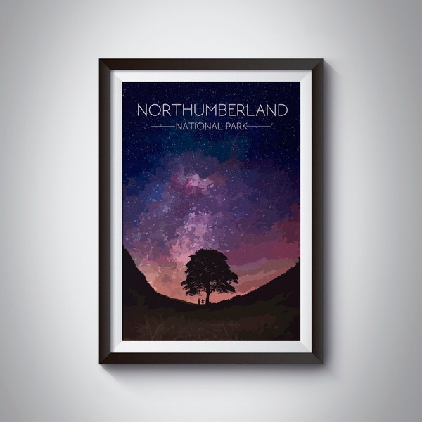 Northumberland National Park Poster, Sycamore Gap Tree, Travel Print, Hadrians Wall Print, Vintage Wall Art, Travel Poster, Gift, UK Travel