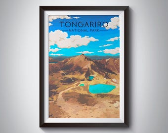Tongariro National Park Poster, New Zealand Travel Print, North Island, Alpine Crossing, Volcanic Park, Vintage Travel Print, Retro Wall Art