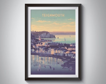 Cartel de viaje costero de Teignmouth Devon, Costa sur de Devon, Impresión de viaje enmarcada, Exeter, Torquay, Dartmoor, Ness Cove Beach, Regalo de arte de pared