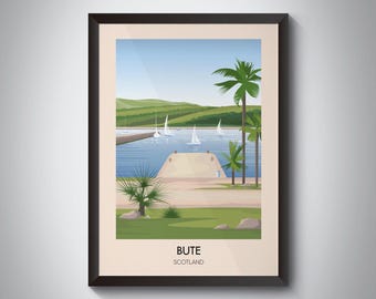 Bute Poster, Scotland, Isle of Bute, Islands of the Firth of Clyde, Vintage Travel Print, Scottish Islands, Hiking, Arran, Framed Art Print