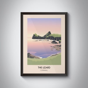 Cartel de viaje de Lizard Peninsula, The Lizard Cornwall Travel Print, Regalo de arte de pared de Cornualles, Kynance Cove, Lizard Point, Coverack, Mullion Cove