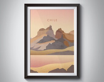 Chile Minimal Travel Poster, South America Travel Print, Scandi Wall Art, Patagonia, Torres del Paine National Park, Framed Home Decor, Gift