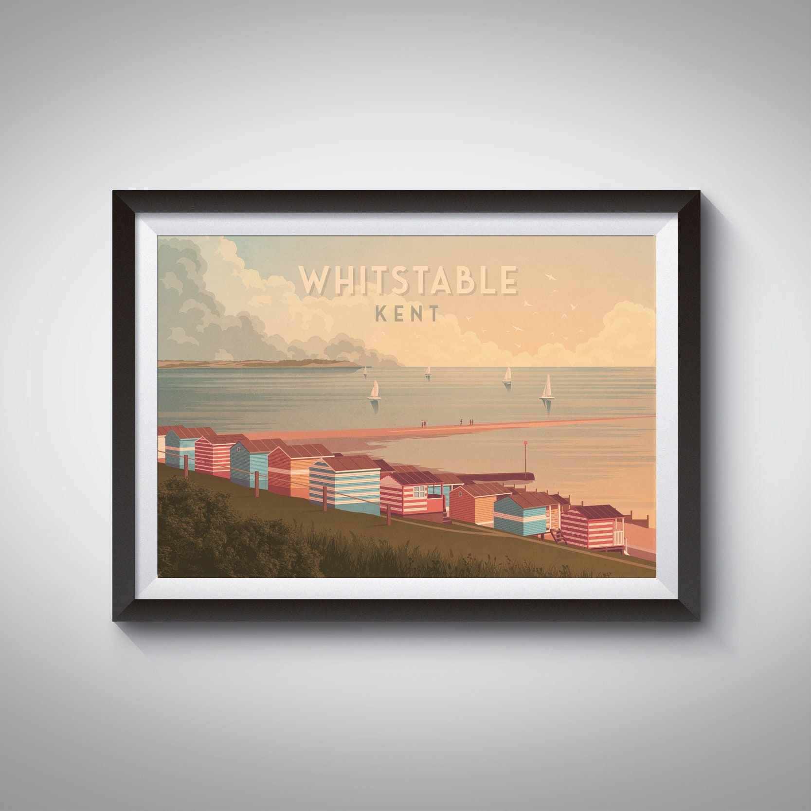 Whitstable Travel Poster, Kent, Canterbury, Coast, Beach Huts, Seaside, Vintage Travel Print, Harbour, Whitstable Oysters, Retro Artwork, UK