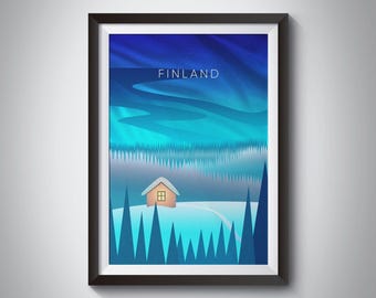 Finland Minimal Travel Poster, Nordic Art, Scandinavian Simple Print, Finnish Lapland, Snow, Aurora Borealis, Cabin, Northern Lights, Scandi