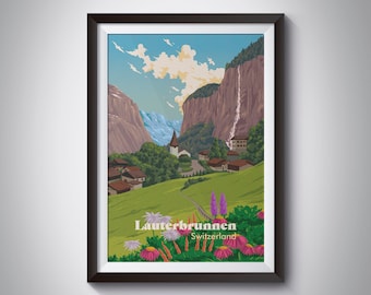 Lauterbrunnen Switzerland Poster, Swiss Travel Print, Wengen, Interlaken, Grindelwald, Swiss Alps, Murren, Waterfalls, Eiger, Stechelberg