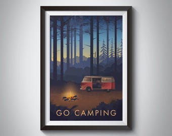 Go Camping Travel Poster, Camper Van Print, Wild Camping, Outdoor Adventure, Hiking, Vintage Travel Poster, Vanlife, Campfire, Caravan, Gift