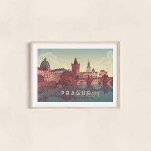 Prague Travel Poster, Czech Republic, Charles Bridge, Vltava River, Gothic Architecture, Vintage Travel Print, Eastern Europe, Interrail image 3