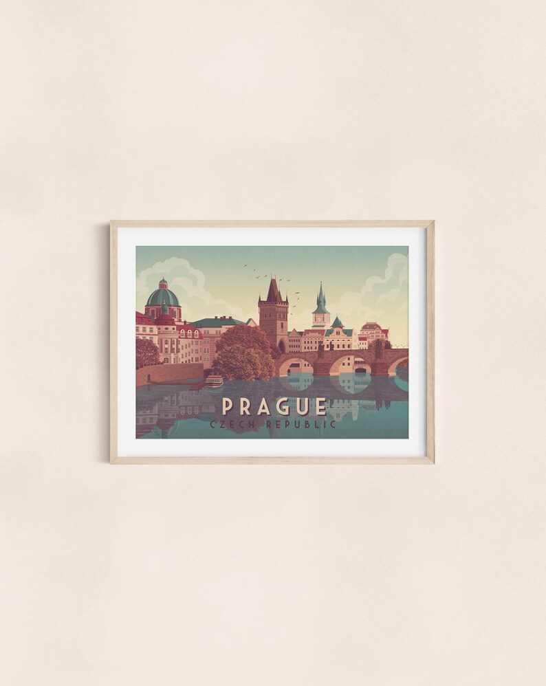 Prague Travel Poster, Czech Republic, Charles Bridge, Vltava River, Gothic Architecture, Vintage Travel Print, Eastern Europe, Interrail image 3