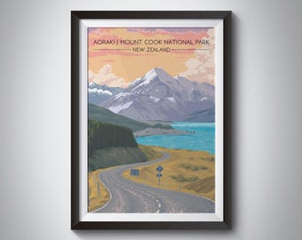 Aoraki Mount Cook National Park poster, Nieuw-Zeeland reisafdruk, Kiwi, vintage reisposter, Zuidereiland, muurkunst schilderij, NZ cadeau