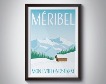 Meribel Ski Resort Print, Retro Ski Poster, Skiing Wall Art, Mont Vallon, French Alps, 3 Valleys Souvenir, Skiing Gift, Minimalist Print