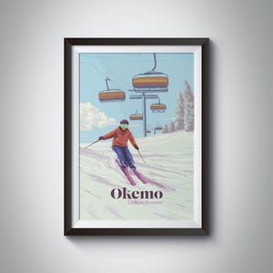 Okemo Mountain Ski Resort Poster, Ludlow, Vermont, USA, Snowboarding, Vintage Travel Print, Retro Wall Art, New England, Skiing Gift, Framed