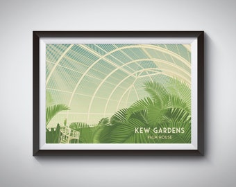 Kew Gardens Poster, Palm House Botanical Print, London, Greenhouse, Retro Wall Art, Vintage Travel Poster, Railway, Plants, Flowers, Nature