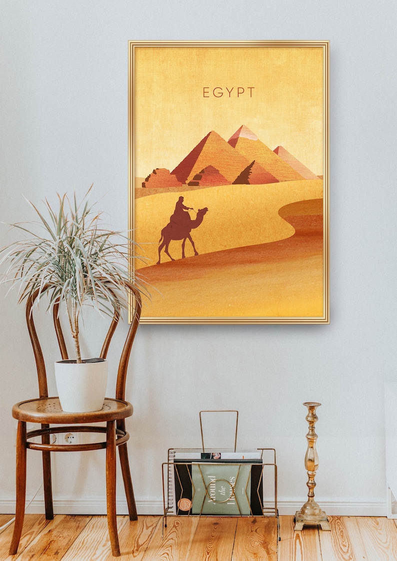 Ägypten Minimal Reise Poster, Pyramiden von Gizeh, Retro Wand Kunst, Kairo, Vintage Reise Druck, Minimal Illustration, gerahmter Druck, Geschenk Bild 4