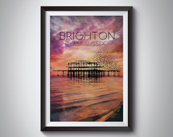 Brighton Beach Poster, Seaside Print, Sunset, West Pier, East Sussex, Brighton Pier, Travel Poster, Railway, National Park Print, Wall Art