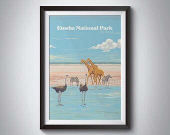Etosha National Park Poster, Namibia Africa, Safari, Black Rhinoceros, Salt Pan, Vintage Travel Print, Wall Art,  Namib-Naukluft, Wildlife