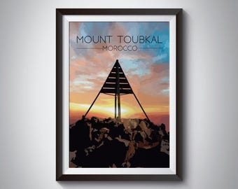 Impression Mont Toubkal, affiche de voyage au Maroc, affiche du parc national, art marocain, Marrakech, montagnes de l'Atlas, cadeau Maroc, Afrique du Nord