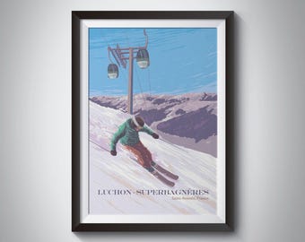 Luchon-Superbagneres Ski Resort Poster, French Pyrenees, Pic du Cecire, Bagnares-de-Luchon, Vintage Travel Print, Snowboarding, Andorra, Art