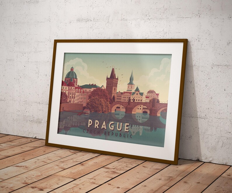 Prague Travel Poster, Czech Republic, Charles Bridge, Vltava River, Gothic Architecture, Vintage Travel Print, Eastern Europe, Interrail image 5