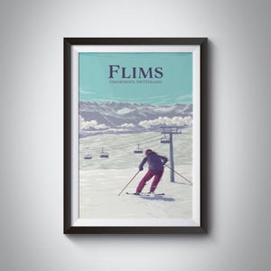 Flims Ski Resort Poster, Switzerland, Flims Laax Falera, Imboden Region, Snowboarding, Vintage Travel Print, Retro Skiing Art, Swiss Alps