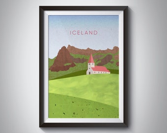 Island Minimales Reiseposter, Ringstraße, Vik Kirche, Reykjavik,Gulfoss, Geysir, Reisedruck, Isländisch, Sagas, Skogar, gerahmte Wandkunst