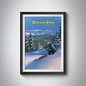 Sierra-At-Tahoe Ski Resort Poster, USA, Twin Bridges, California, Lake Tahoe, Snowboarding, Vintage Travel Print, Kirkwood, Heavenly, Art