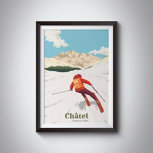 Chatel Ski Resort Poster, Portes du Soleil, Morzine, Avoriaz, Les Gets, Skiing Print, French Alps, Vintage, Retro, Skier, Skiing Gift, Art