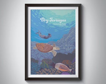 Dry Tortugas National Park Poster, Florida Travel Print, Florida Keys, West Key, Snorkelling, Vintage Travel Poster, Fort Jefferson, Scuba
