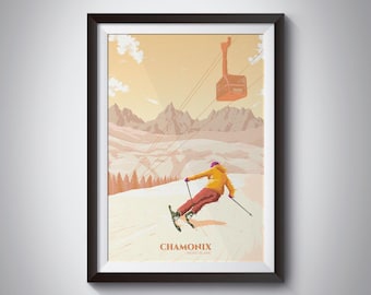Chamonix Ski Resort Print, Mont Blanc, Retro Poster, Vintage, Skiing, Mountain Wall Art, France, French Alps, Gift, Nature Painting, Decor