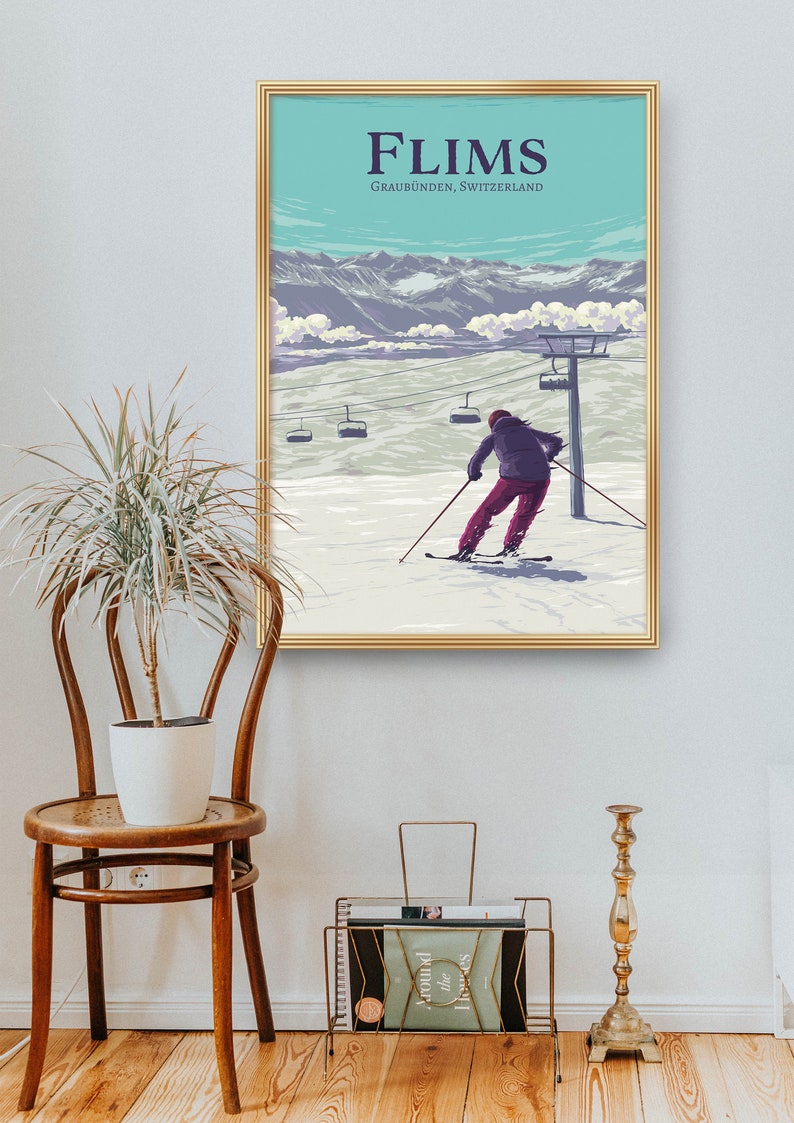 Flims Ski Resort Poster, Switzerland, Flims Laax Falera, Imboden Region, Snowboarding, Vintage Travel Print, Retro Skiing Art, Swiss Alps image 4