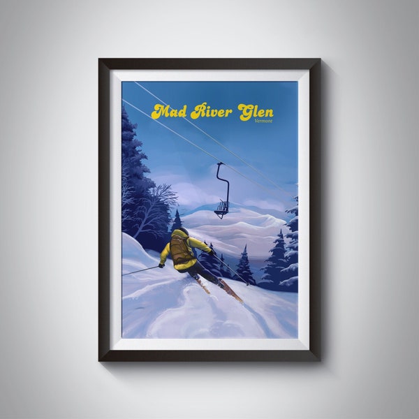 Mad River Glen Vermont Ski Resort Travel Poster, Single Chair, USA Skiing Gift, Vintage Skiing Print, Green Mountain Range, Ski Area, Stowe