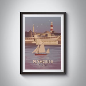 Póster de viaje de Plymouth, Impresión costera de Devon, Arte del faro de Plymouth, Póster de viaje retro, Impresión artística vintage, Parque Plymouth Hoe, Navegación