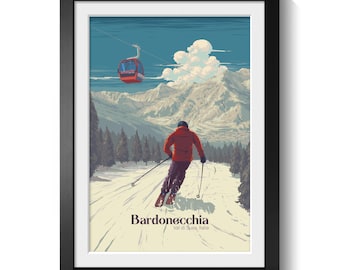 Bardonecchia Ski Resort Poster, Italian Alps Wall Art Print, Italy Winter Travel Scene, Alpine Mountain Landscape, European Ski Decor