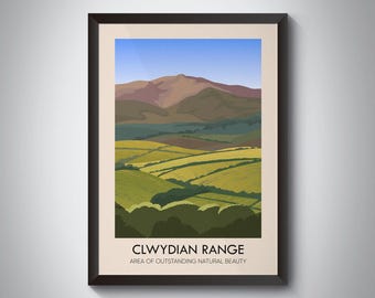 Clwydian Range AONB-reisposter, Wales, The Clwyds, Llandegla, Prestatyn, Moel Famau, Dee Valley, vintage reisafdruk, posterkunst Wales