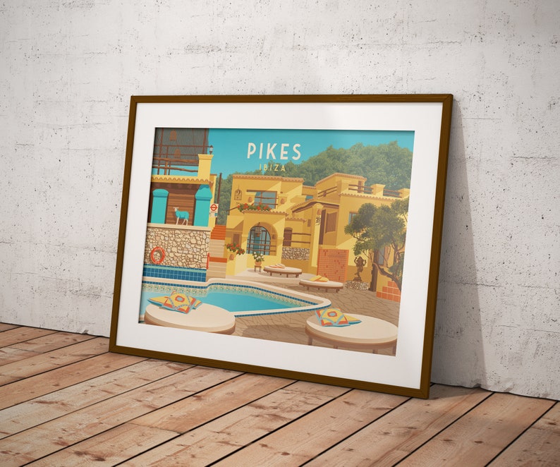 Cartel de la discoteca Pikes Ibiza, Hotel Pikes, Cartel de viaje de Ibiza, Space Ibiza, Tony Pike, Amnesia, Privilege, Cafe Mambo, España, San Antonio imagen 3