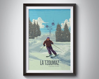 La Tzoumaz Switzerland Ski Resort Travel Poster, Swiss Alps Print, Snowboard, Verbier, 4 Vallees, Bruson, Veysonnaz, Thyon, Framed Ski Art