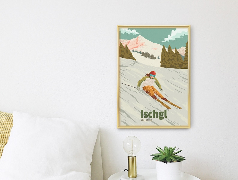 Póster de la estación de esquí de Ischgl, impresión de viaje a Austria, valle de Paznaun, snowboard, San Antón, temporada de esquí, Tirol, arte vintage de esquí, regalo de esquí imagen 3